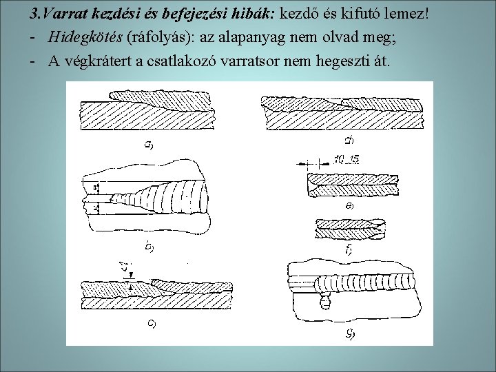 3. Varrat kezdési és befejezési hibák: kezdő és kifutó lemez! - Hidegkötés (ráfolyás): az