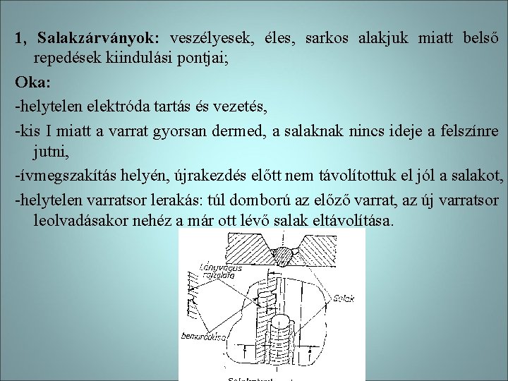 1, Salakzárványok: veszélyesek, éles, sarkos alakjuk miatt belső repedések kiindulási pontjai; Oka: -helytelen elektróda