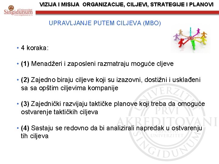 VIZIJA I MISIJA ORGANIZACIJE, CILJEVI, STRATEGIJE I PLANOVI UPRAVLJANJE PUTEM CILJEVA (MBO) • 4