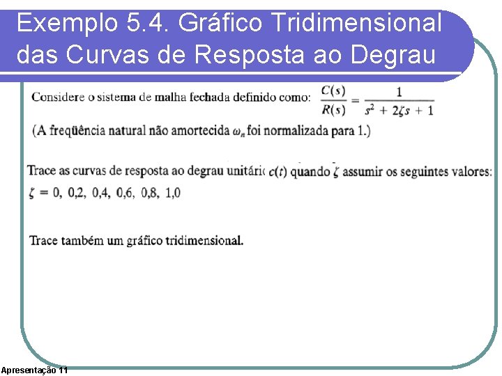 Exemplo 5. 4. Gráfico Tridimensional das Curvas de Resposta ao Degrau Apresentação 11 