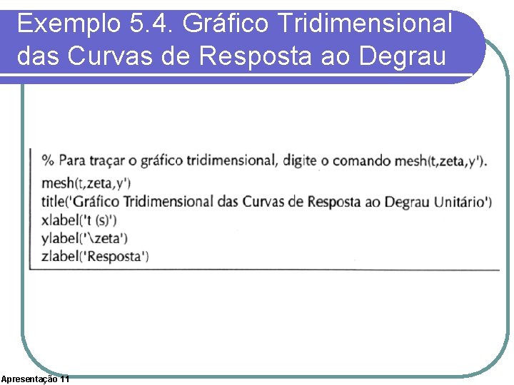 Exemplo 5. 4. Gráfico Tridimensional das Curvas de Resposta ao Degrau Apresentação 11 