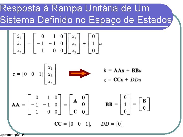 Resposta à Rampa Unitária de Um Sistema Definido no Espaço de Estados Apresentação 11