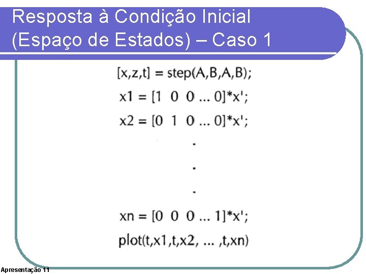 Resposta à Condição Inicial (Espaço de Estados) – Caso 1 Apresentação 11 