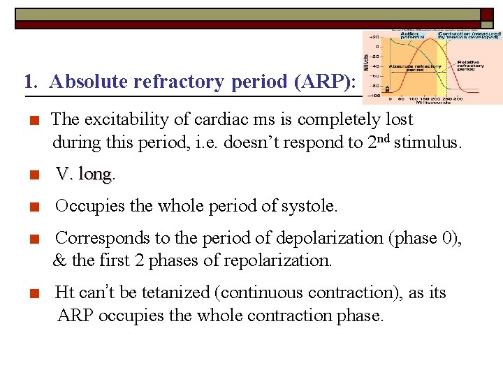 1. Absolute refractory period (ARP): ■ The excitability of cardiac ms is completely lost