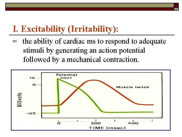 I. Excitability (Irritability): = the ability of cardiac ms to respond to adequate stimuli