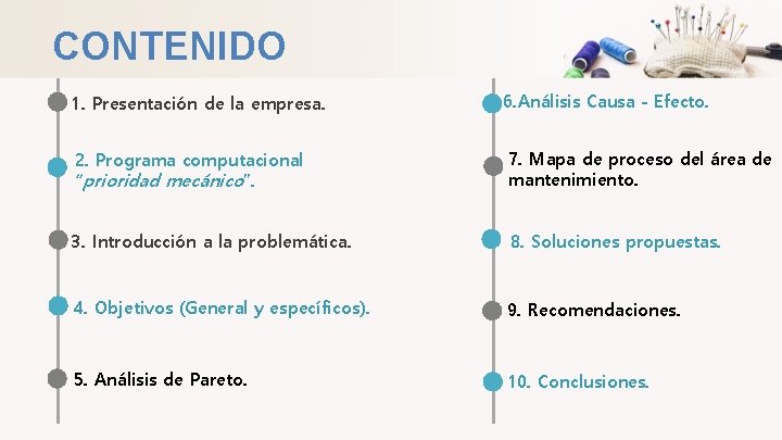CONTENIDO 1. Presentación de la empresa. 6. Análisis Causa - Efecto. 2. Programa computacional