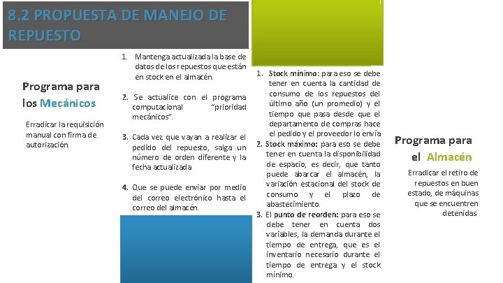 8. 2 PROPUESTA DE MANEJO DE REPUESTO Programa para los Mecánicos Erradicar la requisición