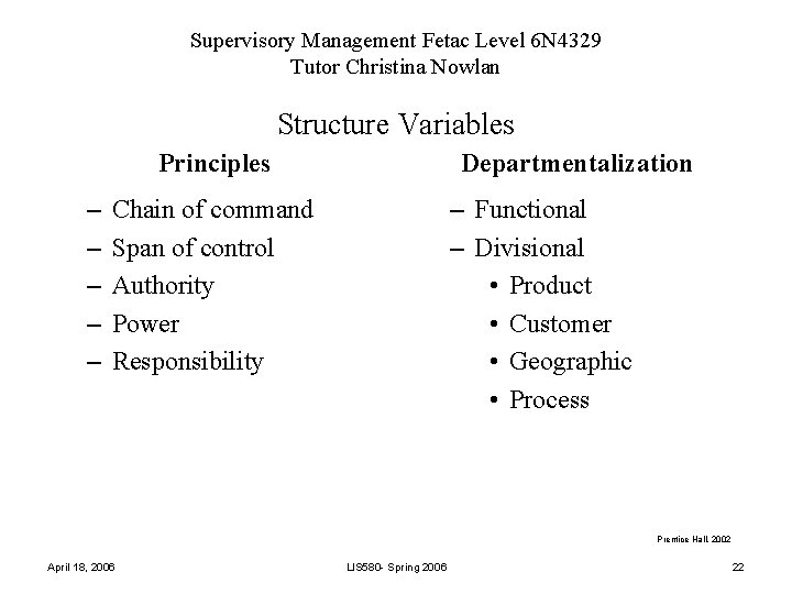 Supervisory Management Fetac Level 6 N 4329 Tutor Christina Nowlan Structure Variables Principles –