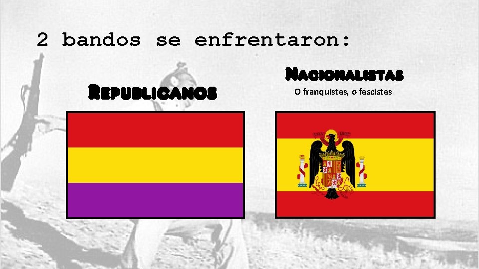 2 bandos se enfrentaron: Republicanos Nacionalistas O franquistas, o fascistas 