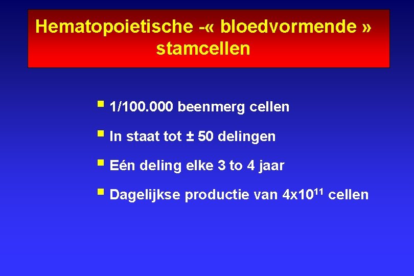 Hematopoietische - « bloedvormende » stamcellen § 1/100. 000 beenmerg cellen § In staat