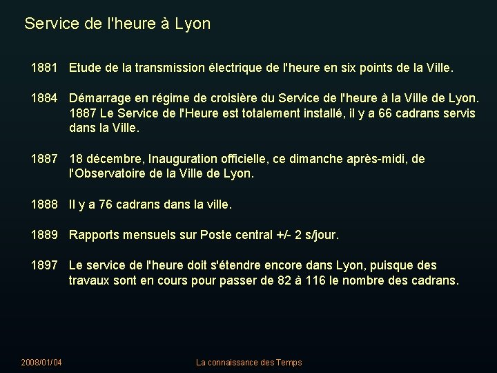 Service de l'heure à Lyon 1881 Etude de la transmission électrique de l'heure en