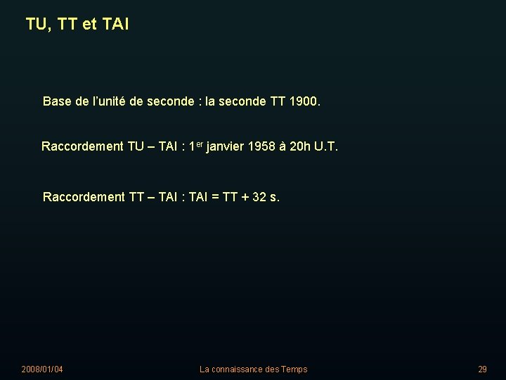 TU, TT et TAI Base de l’unité de seconde : la seconde TT 1900.