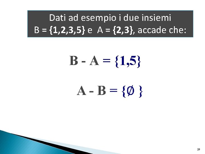 Dati ad esempio i due insiemi B = {1, 2, 3, 5} e A Dati ad esempio i due insiemi B = {1, 2, 3, 5} e A