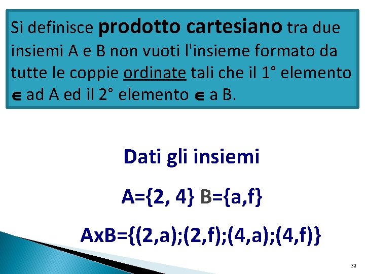 Si definisce prodotto cartesiano tra due insiemi A e B non vuoti l'insieme formato Si definisce prodotto cartesiano tra due insiemi A e B non vuoti l'insieme formato