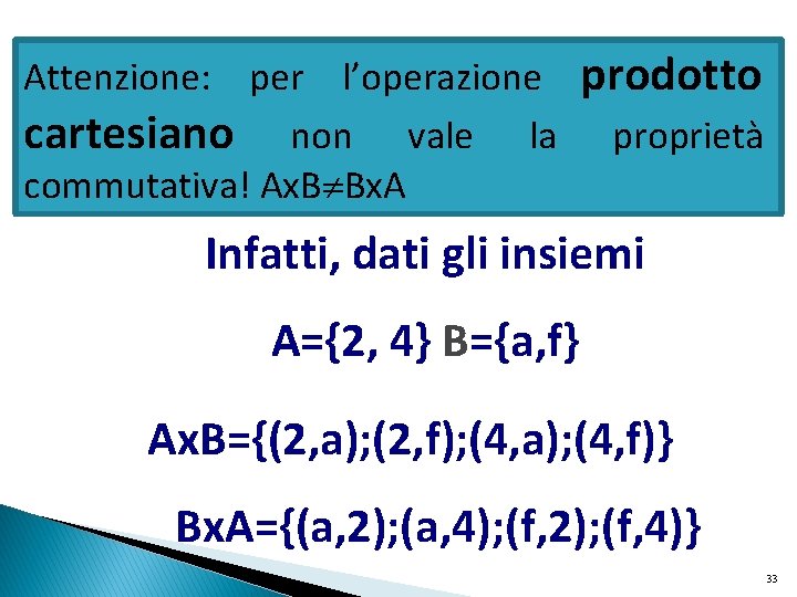 Attenzione: per l’operazione cartesiano non vale la commutativa! Ax. B Bx. A prodotto proprietà Attenzione: per l’operazione cartesiano non vale la commutativa! Ax. B Bx. A prodotto proprietà