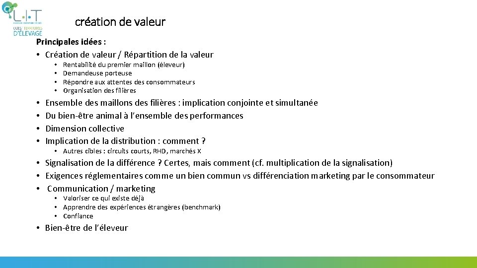 création de valeur Principales idées : • Création de valeur / Répartition de la création de valeur Principales idées : • Création de valeur / Répartition de la