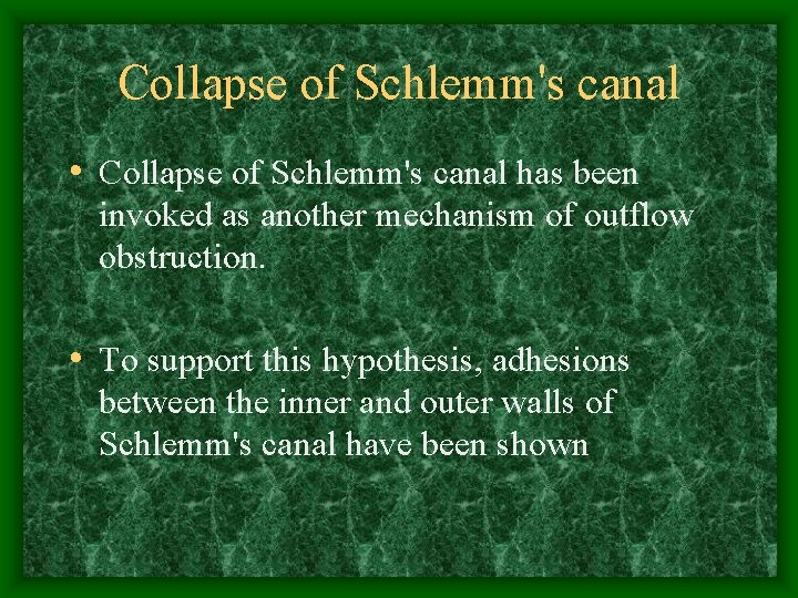 Collapse of Schlemm's canal • Collapse of Schlemm's canal has been invoked as another