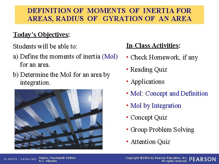 DEFINITION OF MOMENTS OF INERTIA FOR AREAS, RADIUS OF GYRATION OF AN AREA Today’s DEFINITION OF MOMENTS OF INERTIA FOR AREAS, RADIUS OF GYRATION OF AN AREA Today’s
