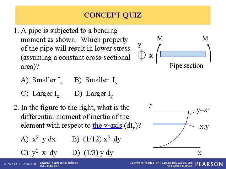 CONCEPT QUIZ 1. A pipe is subjected to a bending moment as shown. Which CONCEPT QUIZ 1. A pipe is subjected to a bending moment as shown. Which