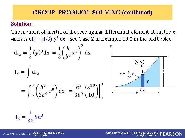 GROUP PROBLEM SOLVING (continued) Solution: The moment of inertia of the rectangular differential element GROUP PROBLEM SOLVING (continued) Solution: The moment of inertia of the rectangular differential element