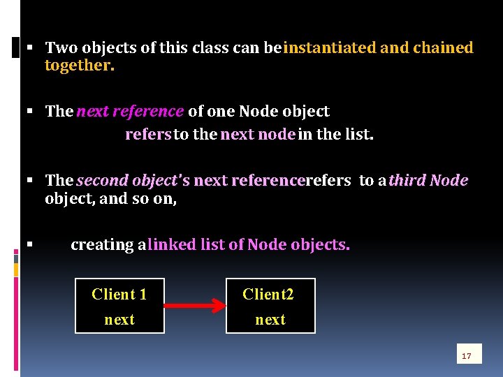  Two objects of this class can be instantiated and chained together. The next