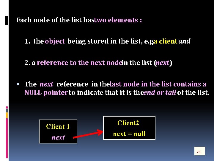  Each node of the list has two elements : 1. the object being