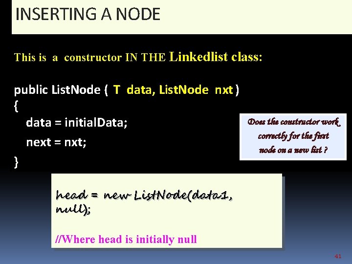 INSERTING A NODE This is a constructor IN THE Linkedlist class: public List. Node