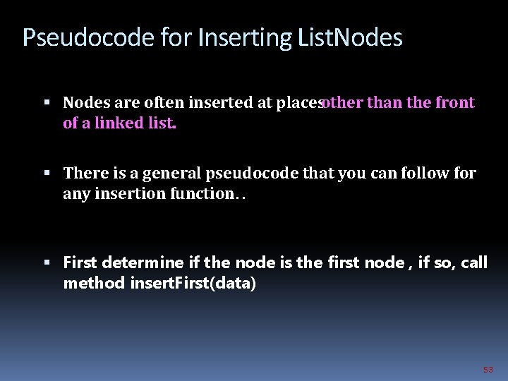 Pseudocode for Inserting List. Nodes are often inserted at places other than the front