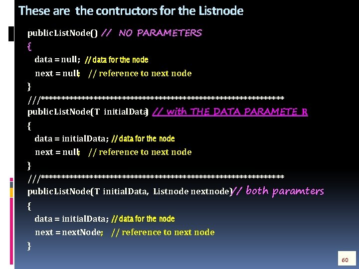 These are the contructors for the Listnode public List. Node() // NO PARAMETERS {