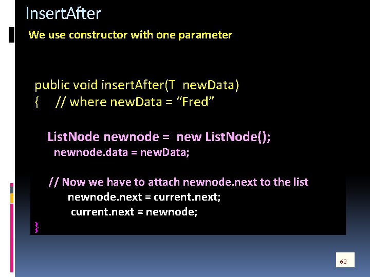 Insert. After We use constructor with one parameter public void insert. After(T new. Data)