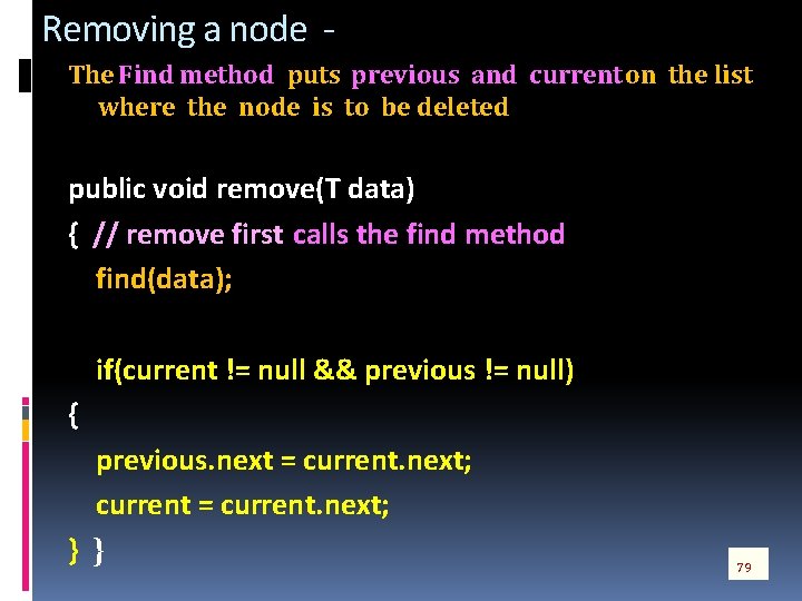 Removing a node The Find method puts previous and current on the list where