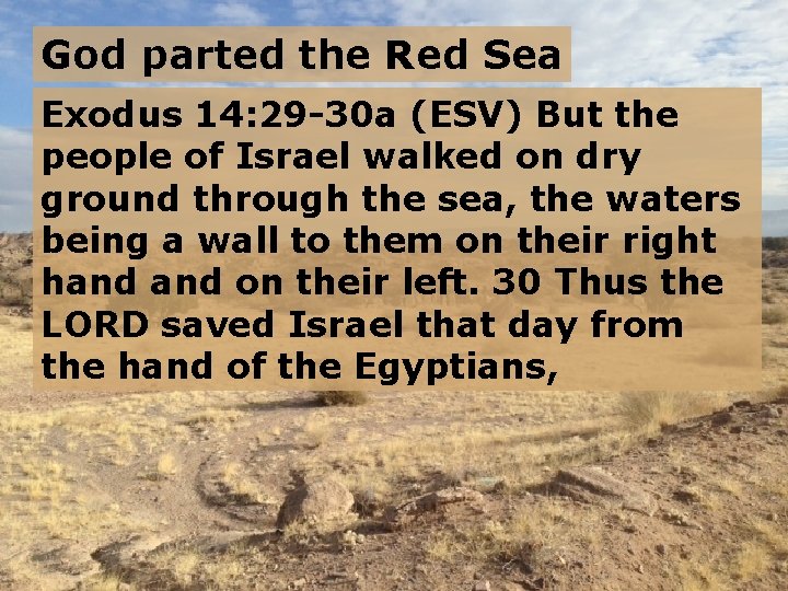 God parted the Red Sea Exodus 14: 29 -30 a (ESV) But the people