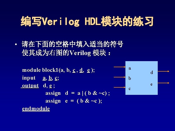 编写Verilog HDL模块的练习 • 请在下面的空格中填入适当的符号 使其成为右图的Verilog 模块 : module block 1(a, b, c , d, 编写Verilog HDL模块的练习 • 请在下面的空格中填入适当的符号 使其成为右图的Verilog 模块 : module block 1(a, b, c , d,