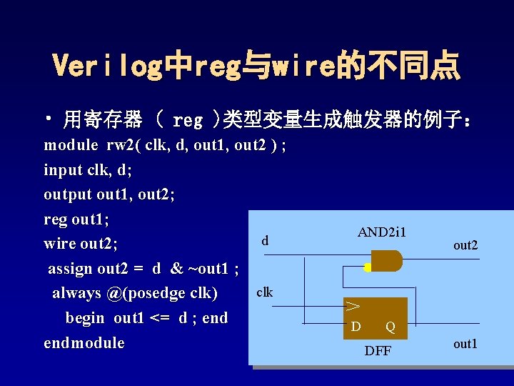 Verilog中reg与wire的不同点 • 用寄存器 ( reg )类型变量生成触发器的例子: module rw 2( clk, d, out 1, out Verilog中reg与wire的不同点 • 用寄存器 ( reg )类型变量生成触发器的例子: module rw 2( clk, d, out 1, out