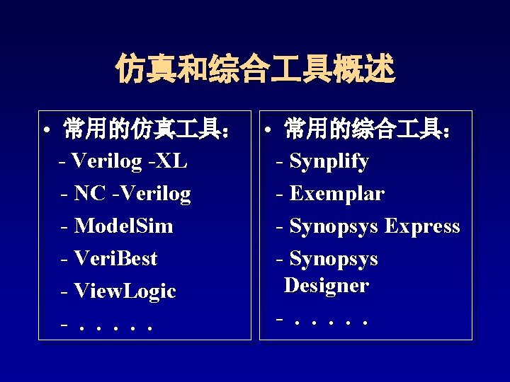 仿真和综合 具概述 • 常用的仿真 具: • 常用的综合 具: - Verilog -XL - Synplify - 仿真和综合 具概述 • 常用的仿真 具: • 常用的综合 具: - Verilog -XL - Synplify -