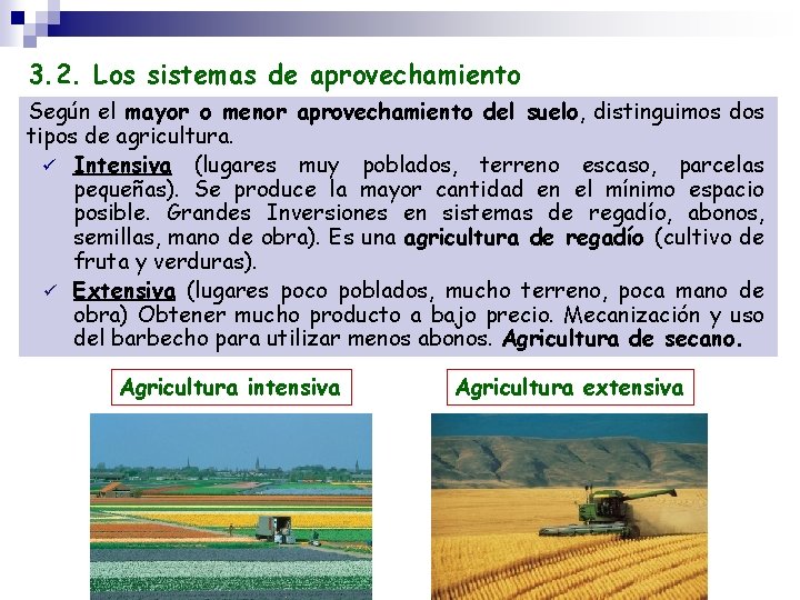 3. 2. Los sistemas de aprovechamiento Según el mayor o menor aprovechamiento del suelo,