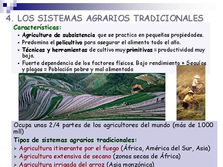 4. LOS SISTEMAS AGRARIOS TRADICIONALES Características: Agricultura de subsistencia que se practica en pequeñas