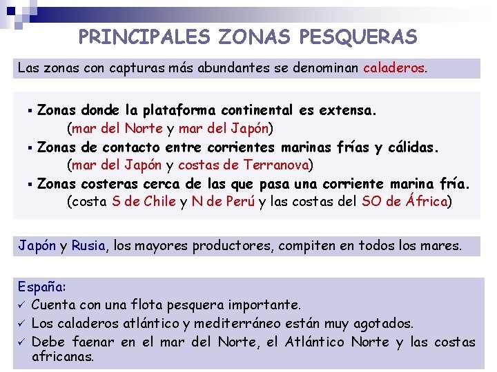 PRINCIPALES ZONAS PESQUERAS Las zonas con capturas más abundantes se denominan caladeros. Zonas donde