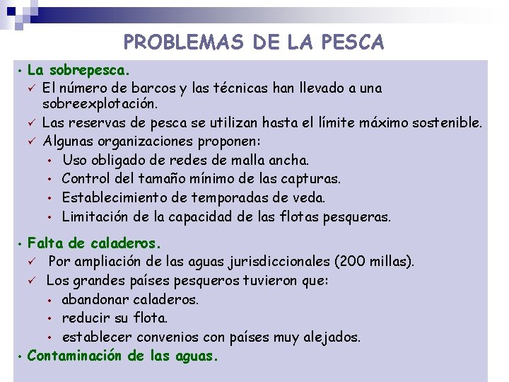 PROBLEMAS DE LA PESCA • • • La sobrepesca. El número de barcos y