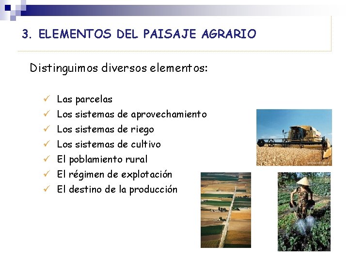 3. ELEMENTOS DEL PAISAJE AGRARIO Distinguimos diversos elementos: Las parcelas Los sistemas de aprovechamiento