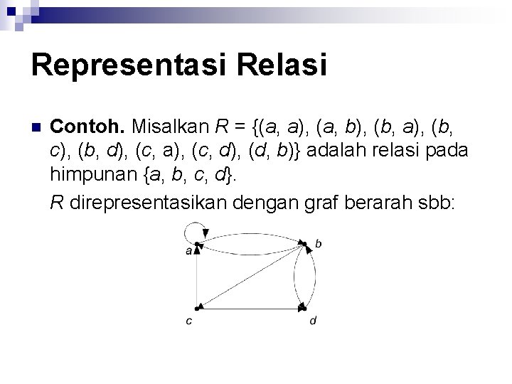 Representasi Relasi n Contoh. Misalkan R = {(a, a), (a, b), (b, a), (b,