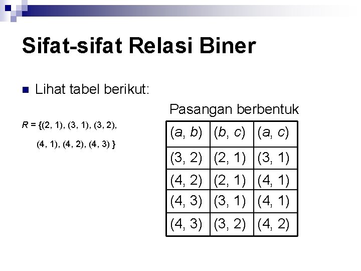 Sifat-sifat Relasi Biner n Lihat tabel berikut: Pasangan berbentuk R = {(2, 1), (3,