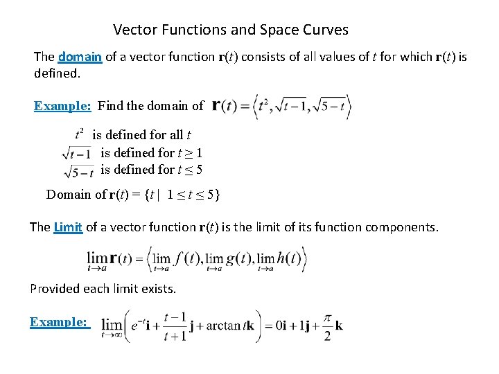 Vector Functions and Space Curves The domain of a vector function r(t) consists of