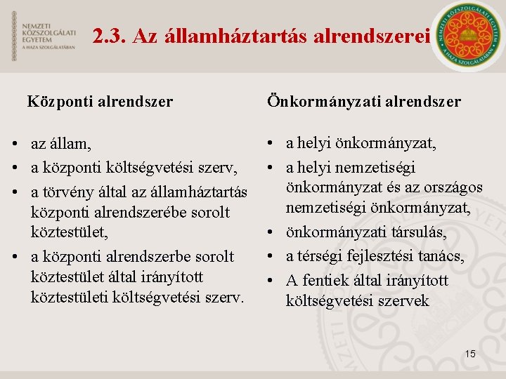 2. 3. Az államháztartás alrendszerei Központi alrendszer • az állam, • a központi költségvetési