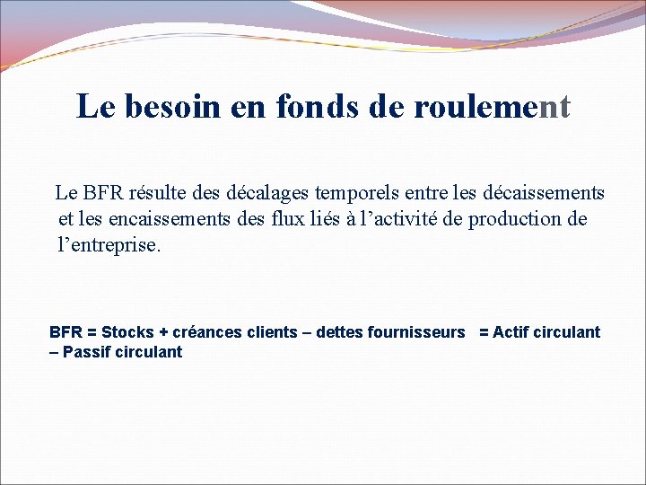 Le besoin en fonds de roulement Le BFR résulte des décalages temporels entre les