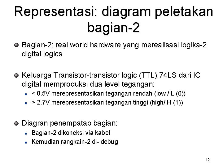 Representasi: diagram peletakan bagian-2 Bagian-2: real world hardware yang merealisasi logika-2 digital logics Keluarga