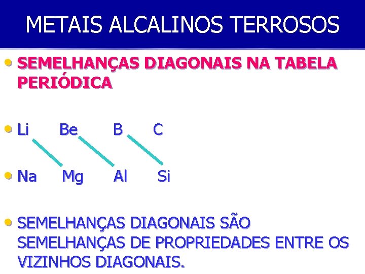 METAIS ALCALINOS TERROSOS • SEMELHANÇAS DIAGONAIS NA TABELA PERIÓDICA • Li Be B C