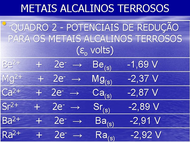 METAIS ALCALINOS TERROSOS • . QUADRO 2 - POTENCIAIS DE REDUÇÃO PARA OS METAIS
