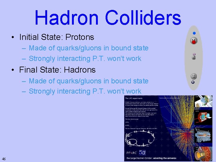 Hadron Colliders • Initial State: Protons – Made of quarks/gluons in bound state –