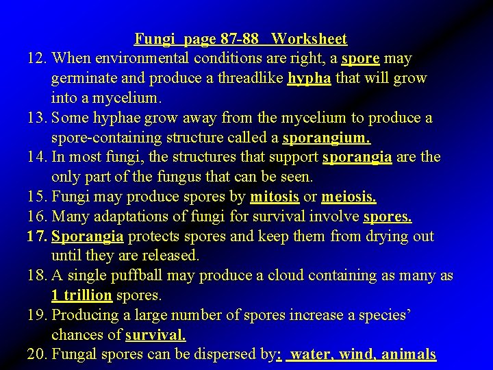 Fungi page 87 -88 Worksheet 12. When environmental conditions are right, a spore may
